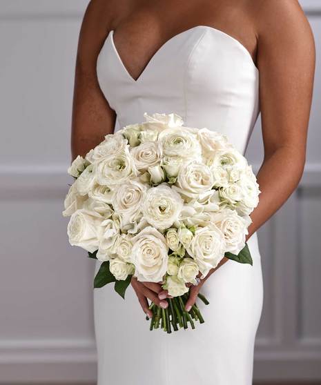 Bridal Bouquet - Classic White Roses & Ranunculus Hand-Tie