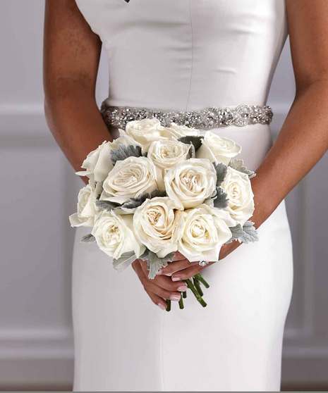 Bridal Nosegay Bouquet - Classic White Roses & Silver Dusty Miller
