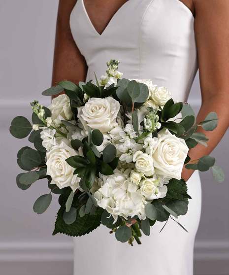 Bridal Bouquet - Garden Style White Hydrangea, Roses & Eucalyptus Hand-Tie