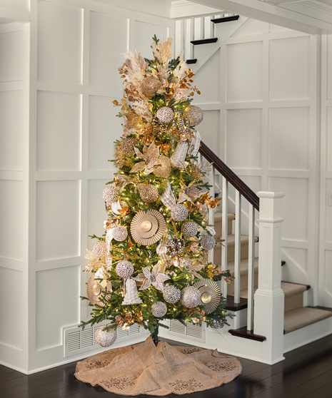 7.5 ft Slim Permanent Decorated Trees w/ Lights - Holiday Gold Decor