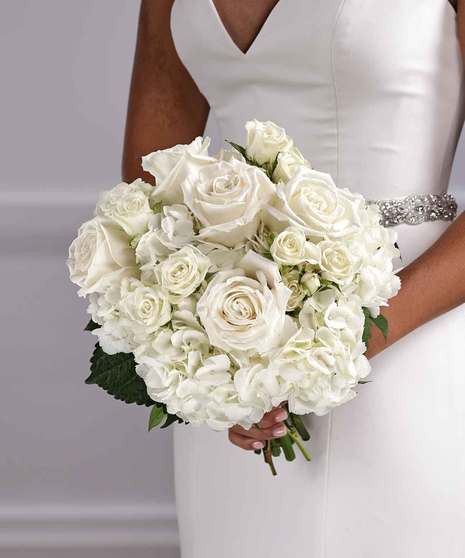 Bridal Bouquet - Classic White Roses and Hydrangea Hand-Tie