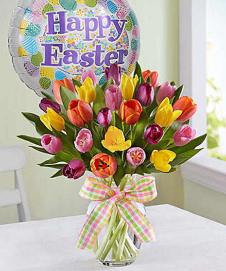 colorful tulips with happy balloon