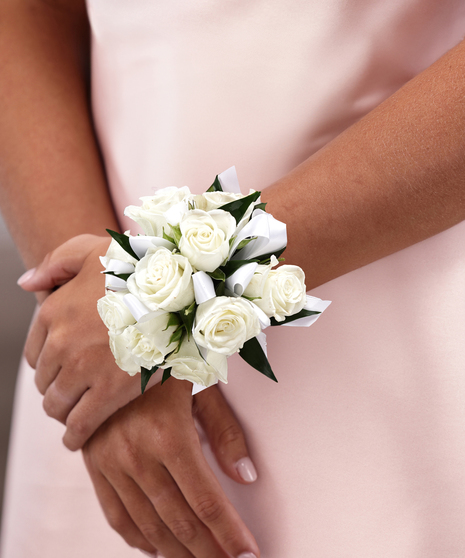 White Spray Rose Wrist Corsage with White Satin Ribbons