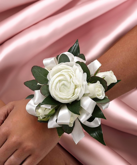 White Spray Roses & Ranunculus Wrist Corsage