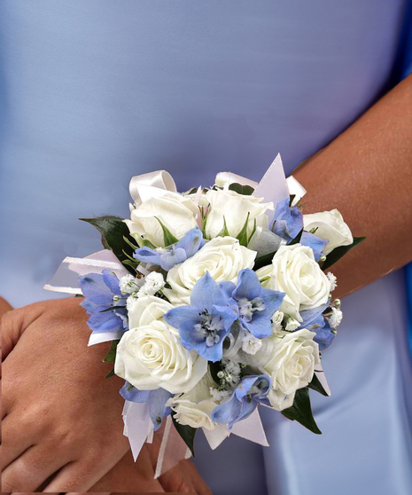 White Spray Roses & Blue Delphinium Wrist Corsage