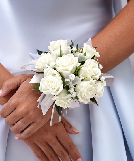 White Sweetheart Rose Wrist Corsage with Babies Breath