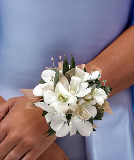White Dendrobium  Orchid Wrist Corsage with Rhinestone Jewels