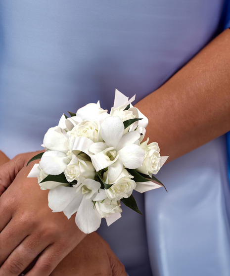 White Spray Roses and White Dendrobiums - Wrist Corsage