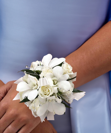 White Spray Roses and White Dendrobium Orchids with Rhinestones - Wrist Corsage