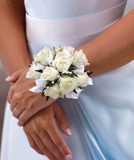 White Spray Rose Wrist Corsage with White Satin Ribbons & Pearls