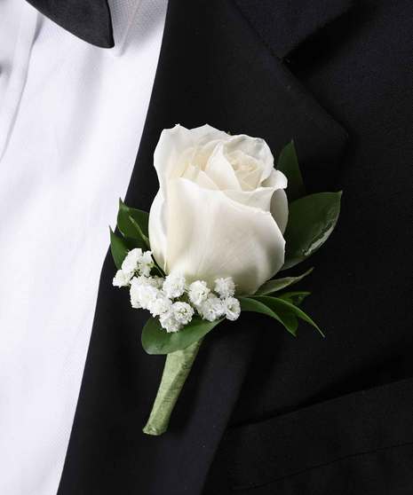 White Rose Boutonniere with Babies Breath