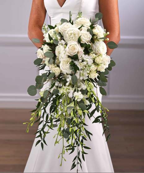 Bridal Cascade Bouquet of White Roses and Hydrangea