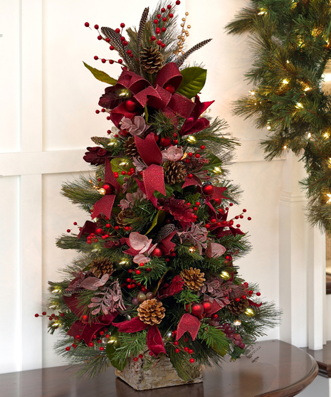 Deliver a Lighted and Decorated Red Tabletop Christmas Tree, stands 3 feet tall