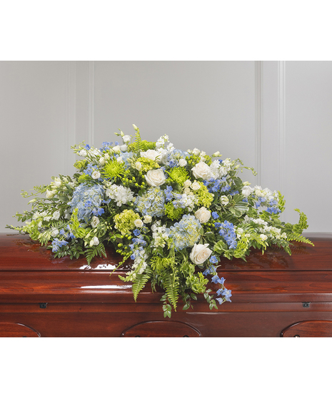 Blue & White Garden Casket Cover by Carithers Flowers featuring roses, hydrangea, orchids and garden florals