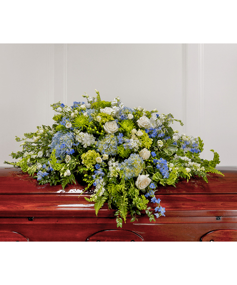 Blue & White Garden Casket Cover by Carithers Flowers featuring roses, hydrangea, orchids and garden florals