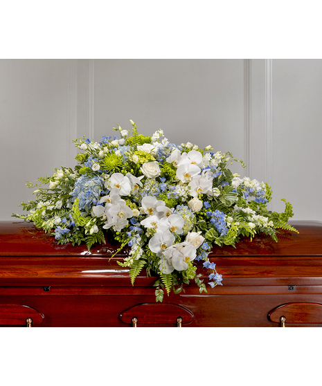 Blue & White Garden Casket Cover by Carithers Flowers featuring roses, hydrangea, orchids and garden florals
