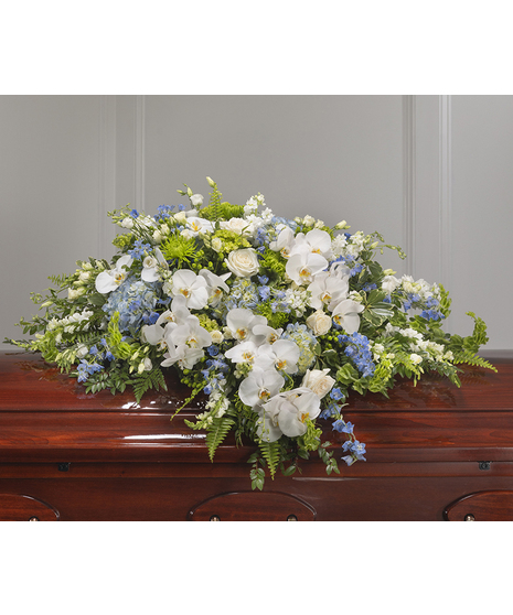 Blue & White Garden Casket Cover by Carithers Flowers featuring roses, hydrangea, orchids and garden florals