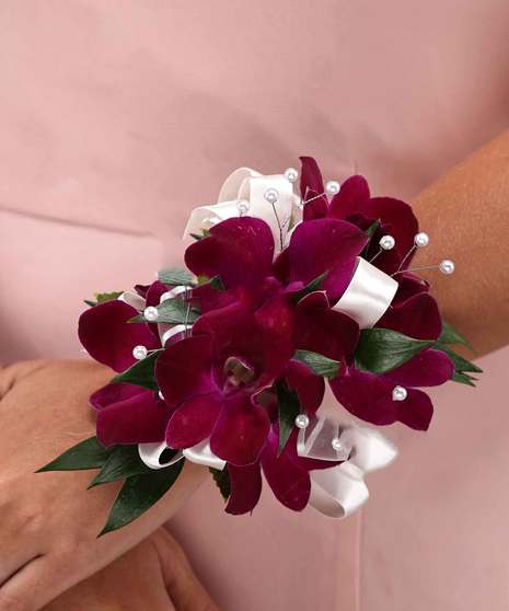 Purple Dendrobium Orchid Wrist Corsage with Pearls
