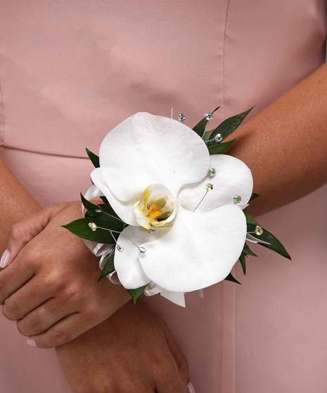 White Phalaenopsis Orchid Wrist Corsage with Rhinestones