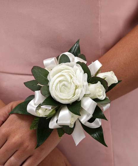 White Spray Roses & Ranunculus Wrist Corsage