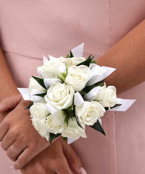 White Sweetheart Rose Wrist Corsage By Carithers Flowers