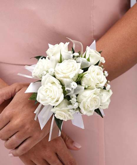 White Sweetheart Rose Wrist Corsage with Babies Breath