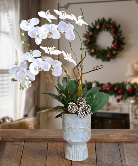 Holiday Double White Orchid Planter - Snowflake Pedestal