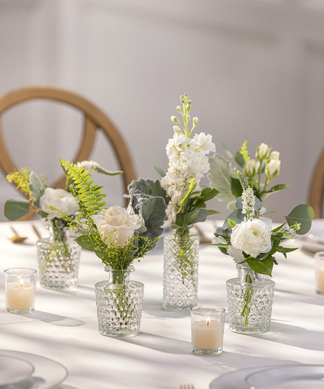 Carithers Party Tabletop Budvases featuring assorted premium florals and foliage.  Available in your choice of colors to match your event.
