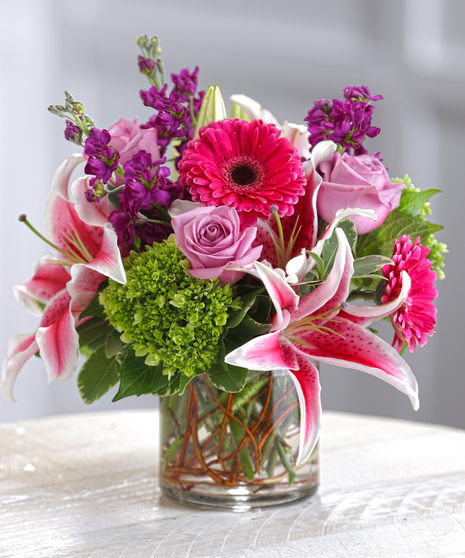 Stargazer Lilies, Gerbera Daisies, Roses, Stock, colorful flower arrangement atlanta