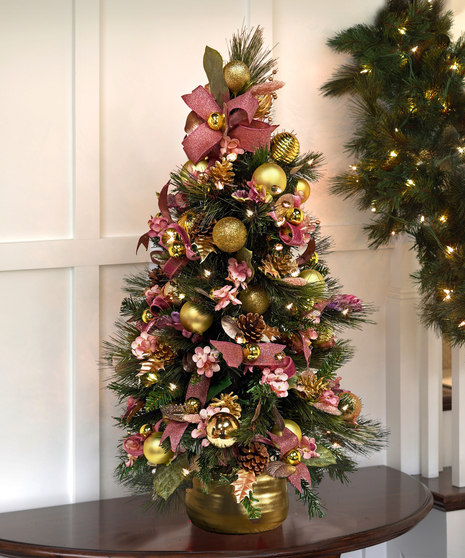Decorated Permanent Christmas Tree with lights - Gold & Mauve