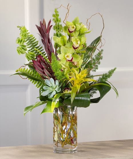 The Maui features green cymbidium orchids, bromeliad, Hawaiian ti foliage, succulents, and willow