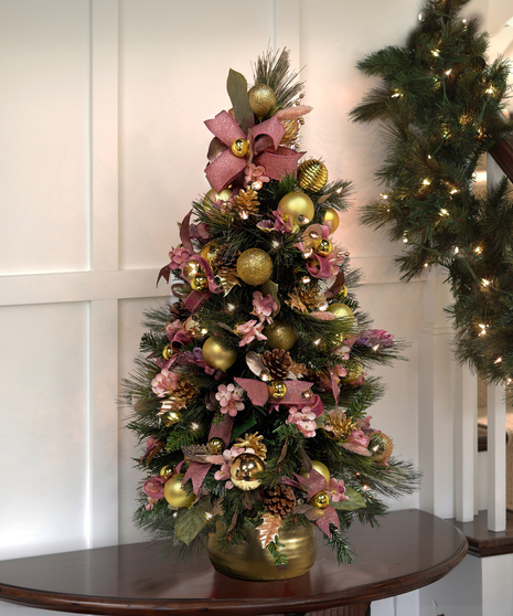 Deliver a Lighted and Decorated Red Tabletop Christmas Tree, stands 3 feet tall