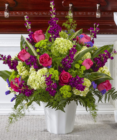 Beautiful Horizons Garden Sympathy Basket featuring hydrangea, roses, and stock