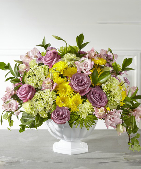 Healing Thoughts Garden Pedestal featuring hydrangea, roses, lisianthus and spring florals.