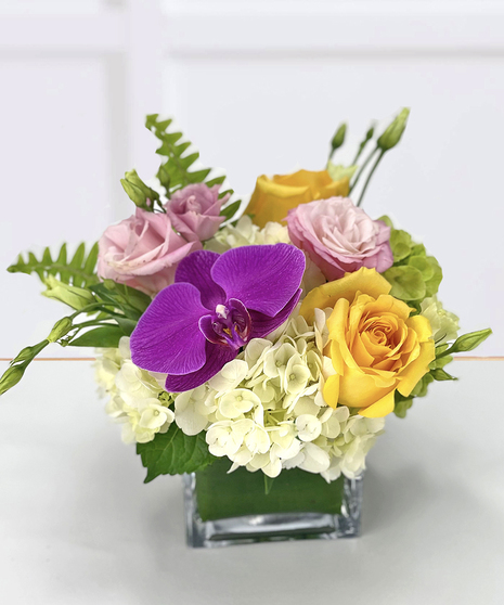 Spring Floral Cube of Hydrangea, Roses, Orchids