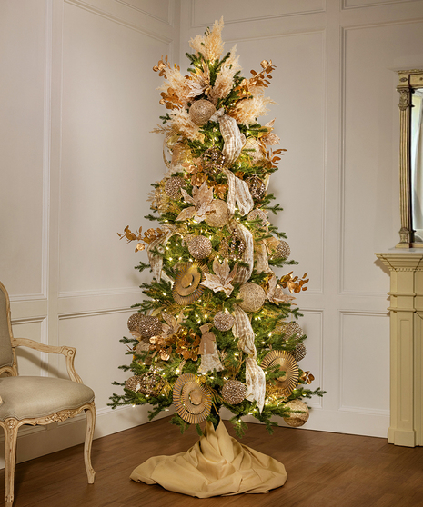 7.5 ft Slim Permanent Decorated Trees w/ Lights - Holiday Gold Decor