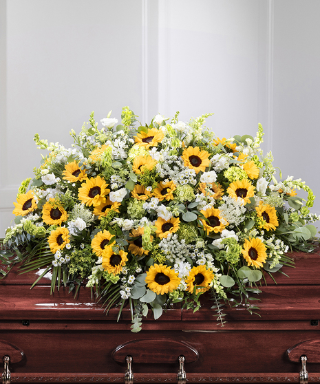 Sunflower Garden Floral Casket Cover Blanket featuring sunflowers, snapdragons, bells of Ireland and field flowers