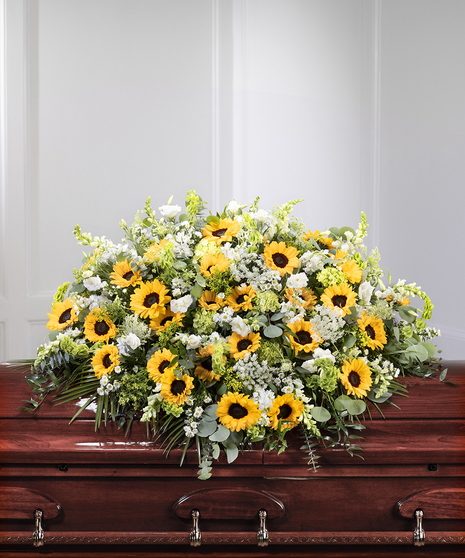 Sunflower Garden Floral Casket Cover Blanket featuring sunflowers, snapdragons, bells of Ireland and field flowers