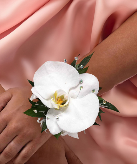 White Phalaenopsis Orchid Wrist Corsage with Rhinestones