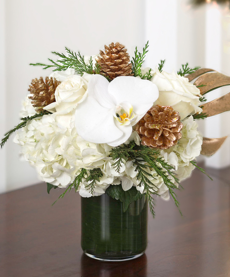 Winter Greetings featuring hydrangea, roses and orchids