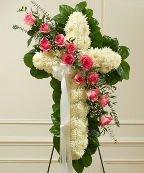 Funeral Standing Cross with 12 Pink Roses
