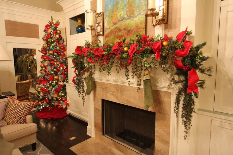 Christmas Holiday Mantle, Christmas Tree, Garland,  Red Poinsettia, Stockings by Carithers Flowers